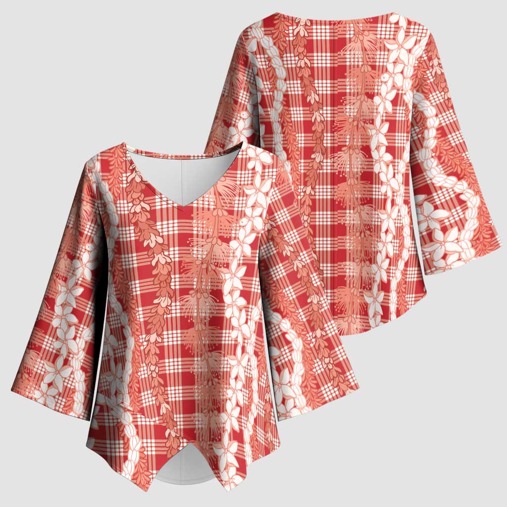 Hawaiian Ohia Lehua Lei Kimono Sleeve Blouse Plaid Palaka Ulaula Pattern - Polynesian Pride