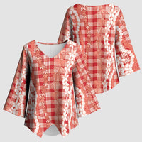 Hawaiian Ohia Lehua Lei Kimono Sleeve Blouse Plaid Palaka Ulaula Pattern - Polynesian Pride