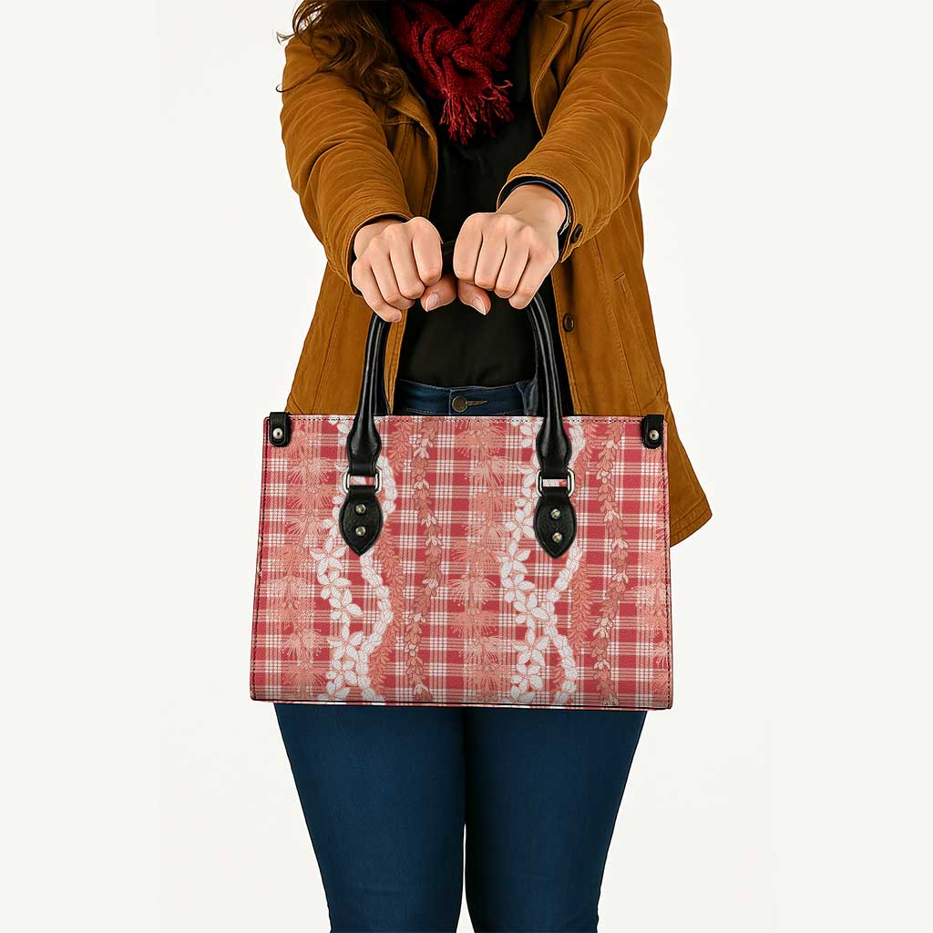 Hawaiian Ohia Lehua Lei Leather Bag Plaid Palaka Ulaula Pattern - Polynesian Pride