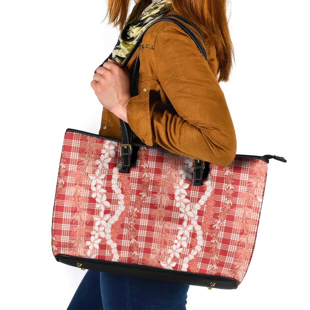 Hawaiian Ohia Lehua Lei Leather Tote Bag Plaid Palaka Ulaula Pattern - Polynesian Pride