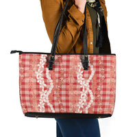 Hawaiian Ohia Lehua Lei Leather Tote Bag Plaid Palaka Ulaula Pattern - Polynesian Pride