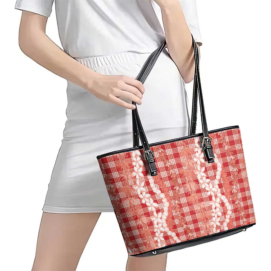 Hawaiian Ohia Lehua Lei Leather Tote Bag Plaid Palaka Ulaula Pattern - Polynesian Pride