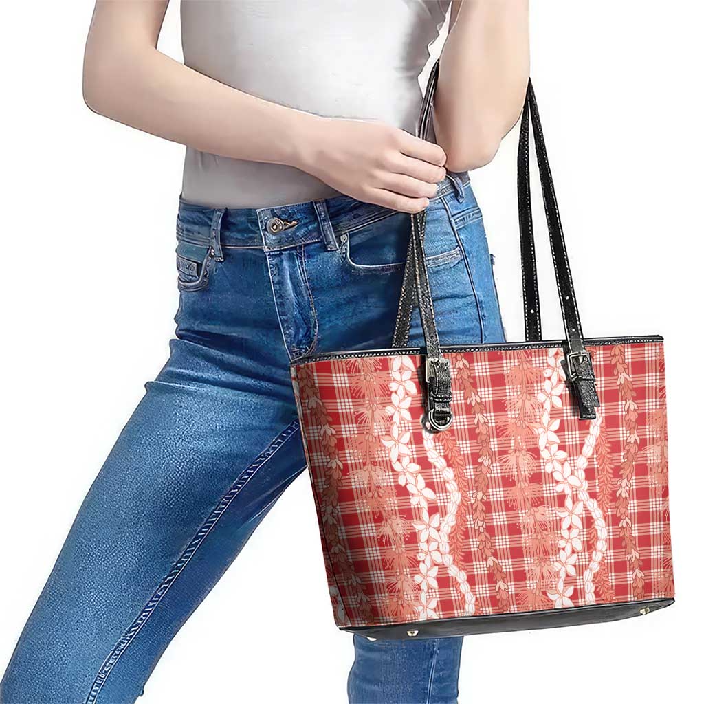Hawaiian Ohia Lehua Lei Leather Tote Bag Plaid Palaka Ulaula Pattern - Polynesian Pride
