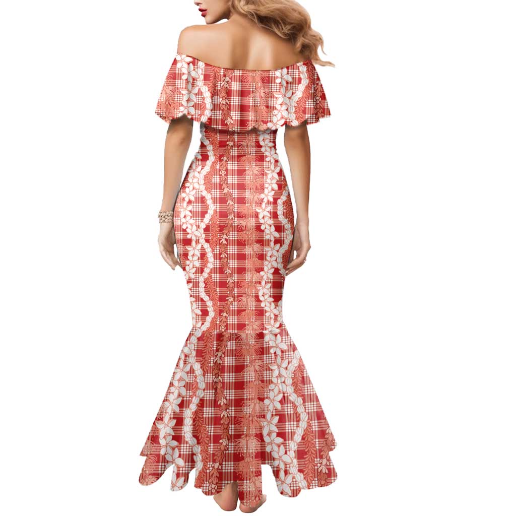 Hawaiian Ohia Lehua Lei Mermaid Dress Plaid Palaka Ulaula Pattern - Polynesian Pride