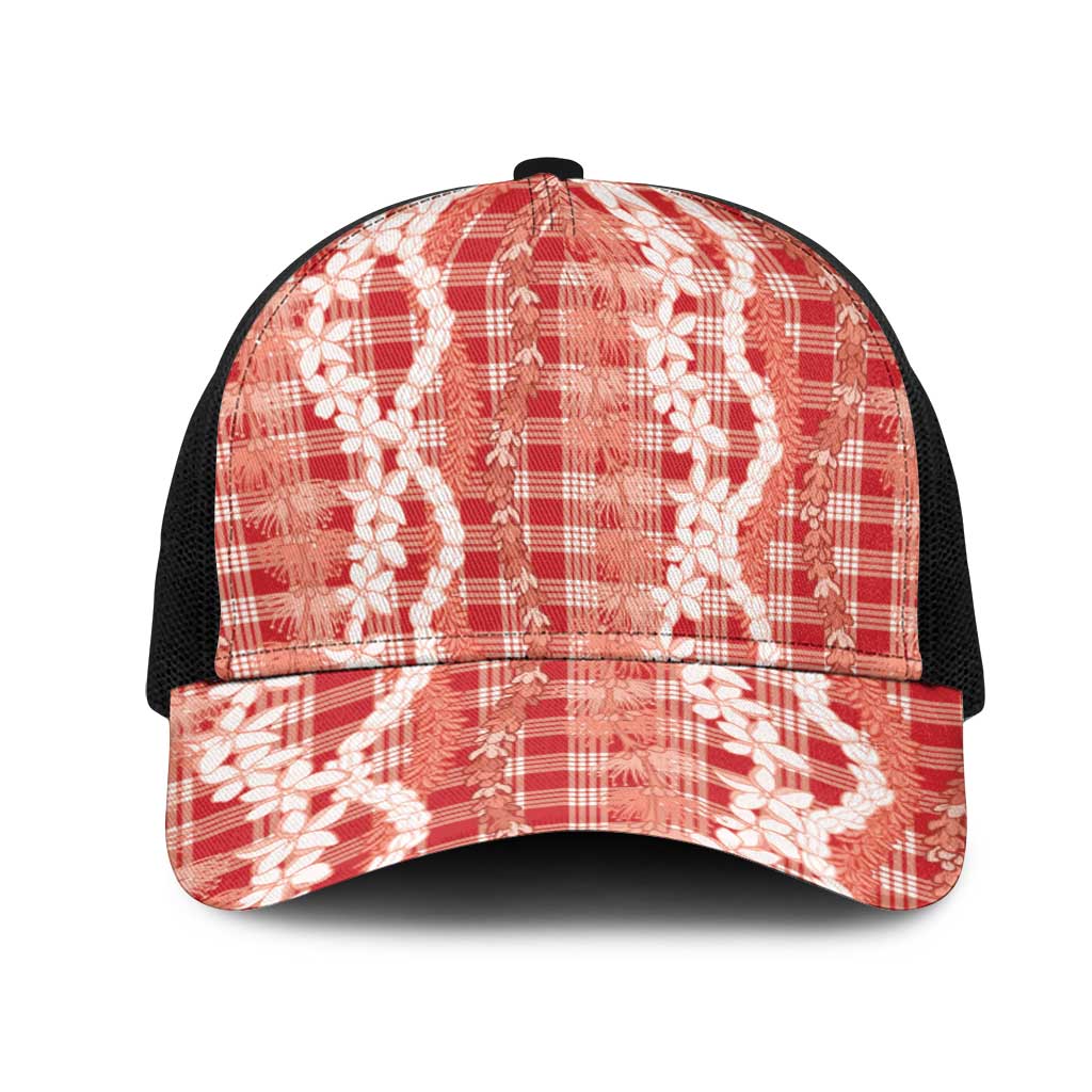 Hawaiian Ohia Lehua Lei Mesh Trucker Cap Plaid Palaka Ulaula Pattern - Polynesian Pride