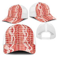 Hawaiian Ohia Lehua Lei Mesh Trucker Cap Plaid Palaka Ulaula Pattern - Polynesian Pride