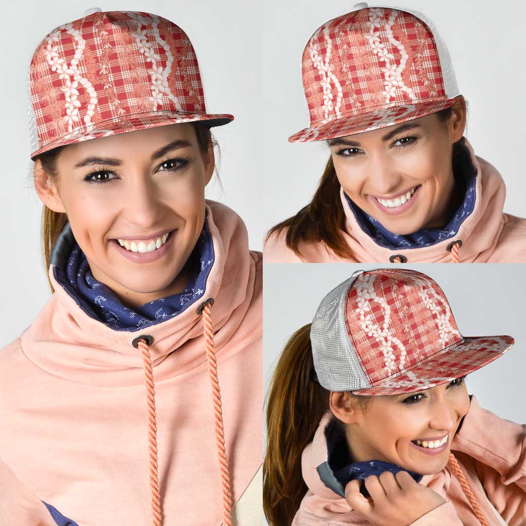 Hawaiian Ohia Lehua Lei Mesh Trucker Cap Plaid Palaka Ulaula Pattern - Polynesian Pride