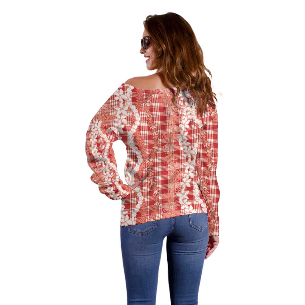 Hawaiian Ohia Lehua Lei Off Shoulder Sweater Plaid Palaka Ulaula Pattern - Polynesian Pride