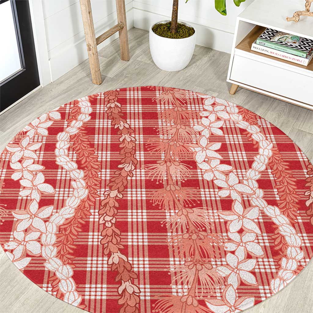 Hawaiian Ohia Lehua Lei Round Carpet Plaid Palaka Ulaula Pattern - Polynesian Pride
