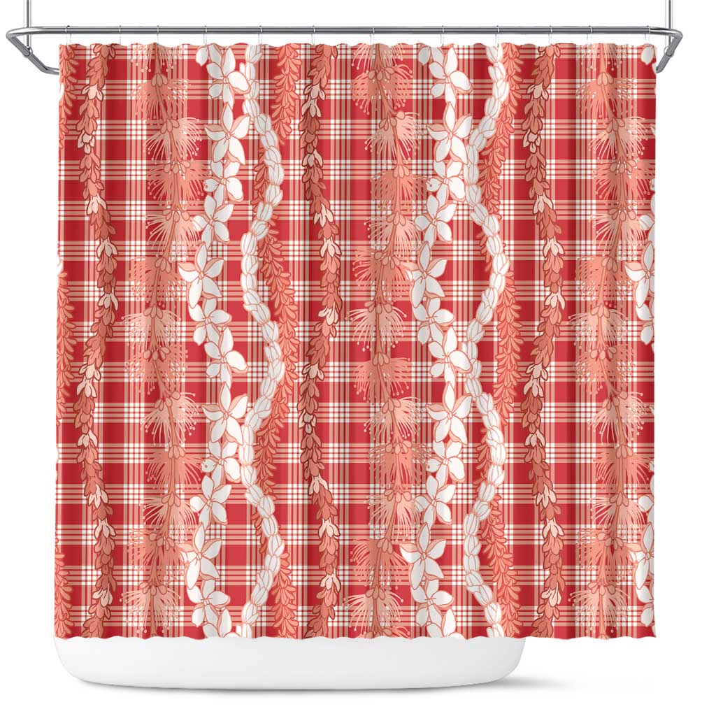 Hawaiian Ohia Lehua Lei Shower Curtain Plaid Palaka Ulaula Pattern LT9 Red - Polynesian Pride