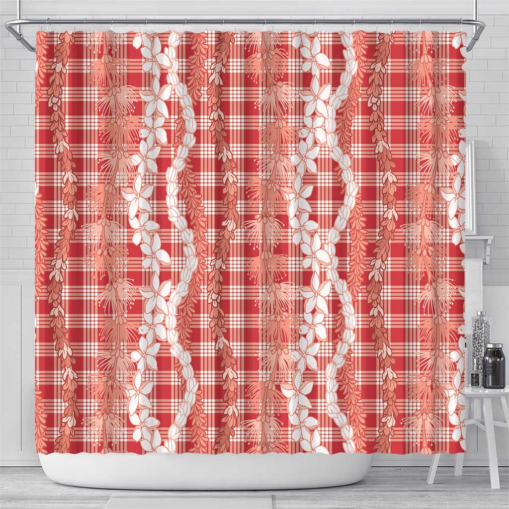 Hawaiian Ohia Lehua Lei Shower Curtain Plaid Palaka Ulaula Pattern LT9 - Polynesian Pride