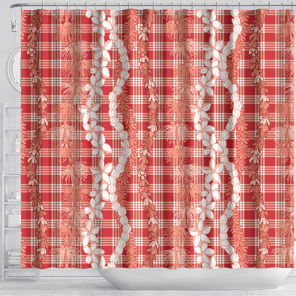 Hawaiian Ohia Lehua Lei Shower Curtain Plaid Palaka Ulaula Pattern LT9 - Polynesian Pride