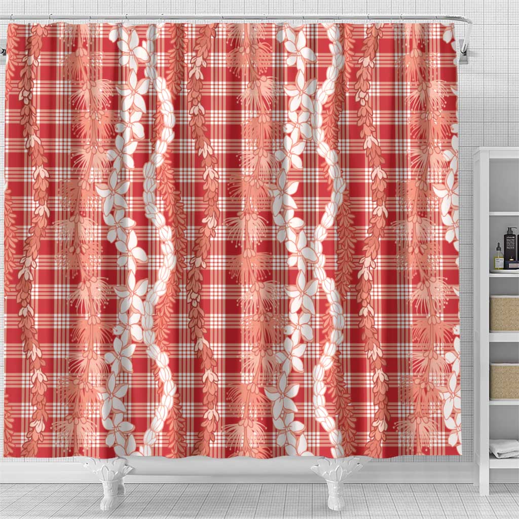 Hawaiian Ohia Lehua Lei Shower Curtain Plaid Palaka Ulaula Pattern LT9 - Polynesian Pride