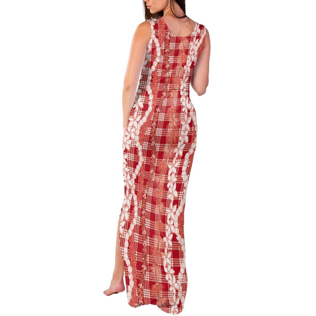 Hawaiian Ohia Lehua Lei Tank Maxi Dress Plaid Palaka Ulaula Pattern - Polynesian Pride