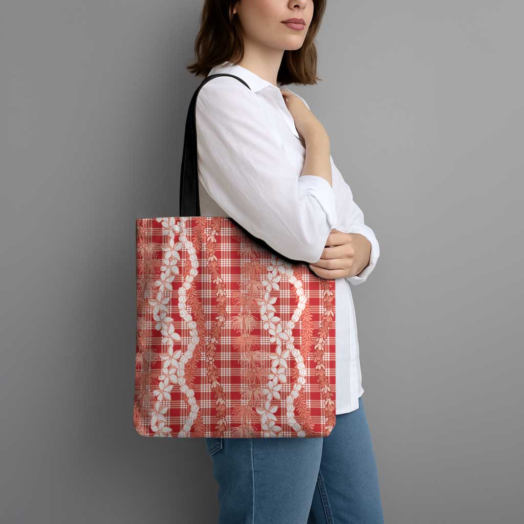 Hawaiian Ohia Lehua Lei Tote Bag Plaid Palaka Ulaula Pattern - Polynesian Pride