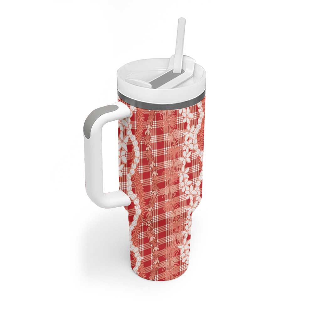 Hawaiian Ohia Lehua Lei Tumbler With Handle Plaid Palaka Ulaula Pattern - Polynesian Pride