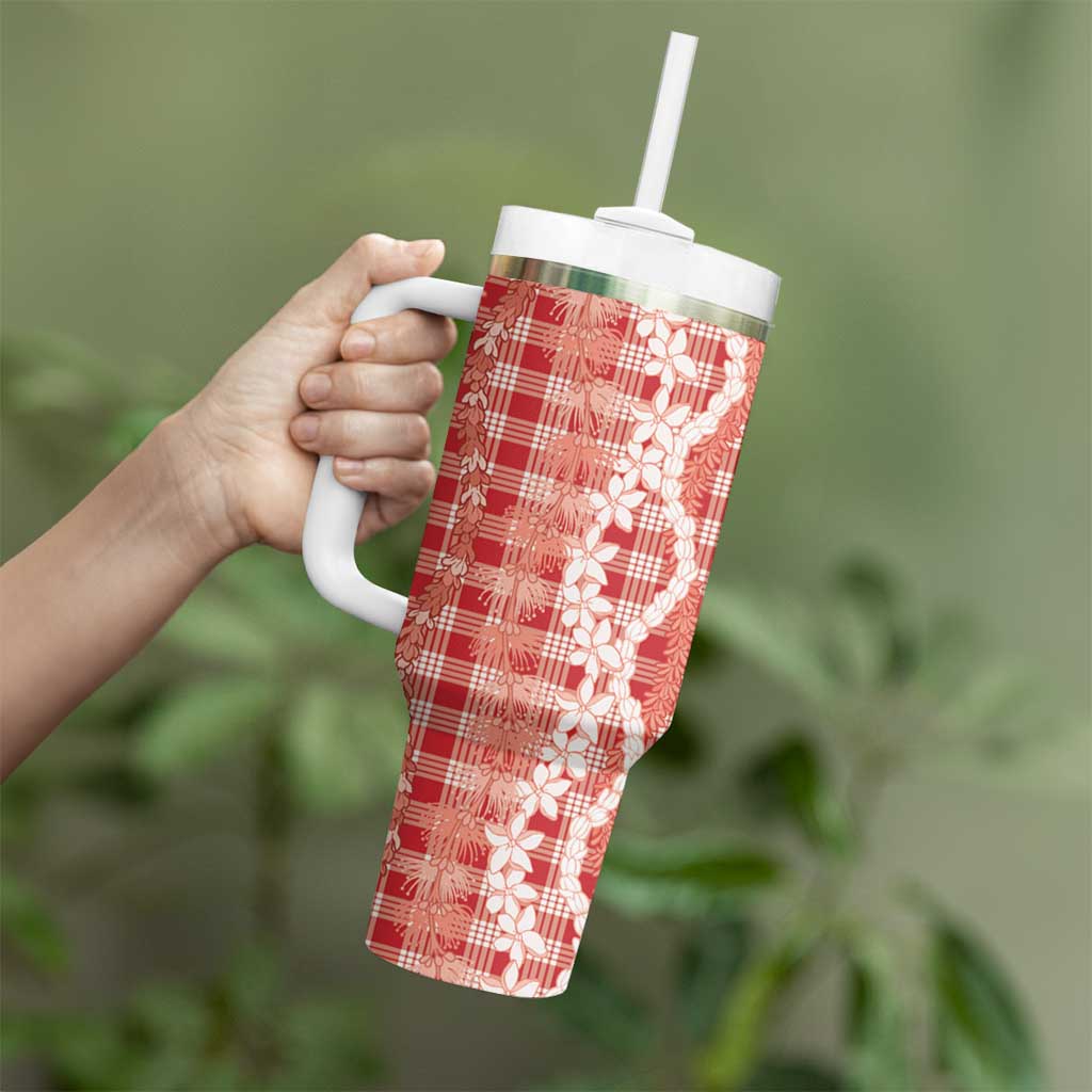 Hawaiian Ohia Lehua Lei Tumbler With Handle Plaid Palaka Ulaula Pattern - Polynesian Pride