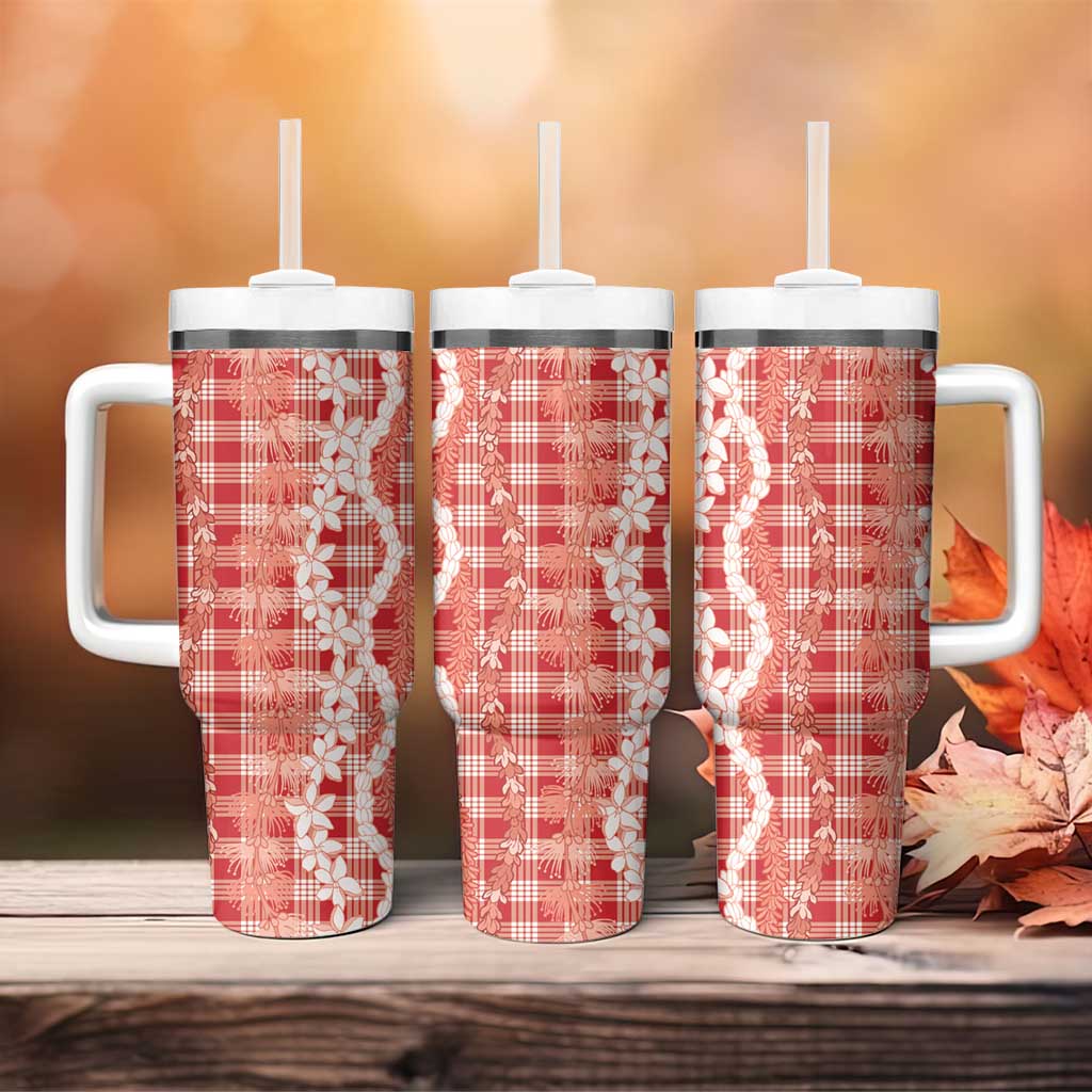 Hawaiian Ohia Lehua Lei Tumbler With Handle Plaid Palaka Ulaula Pattern - Polynesian Pride