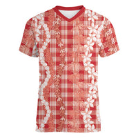 Hawaiian Ohia Lehua Lei Women V-Neck T-Shirt Plaid Palaka Ulaula Pattern - Polynesian Pride