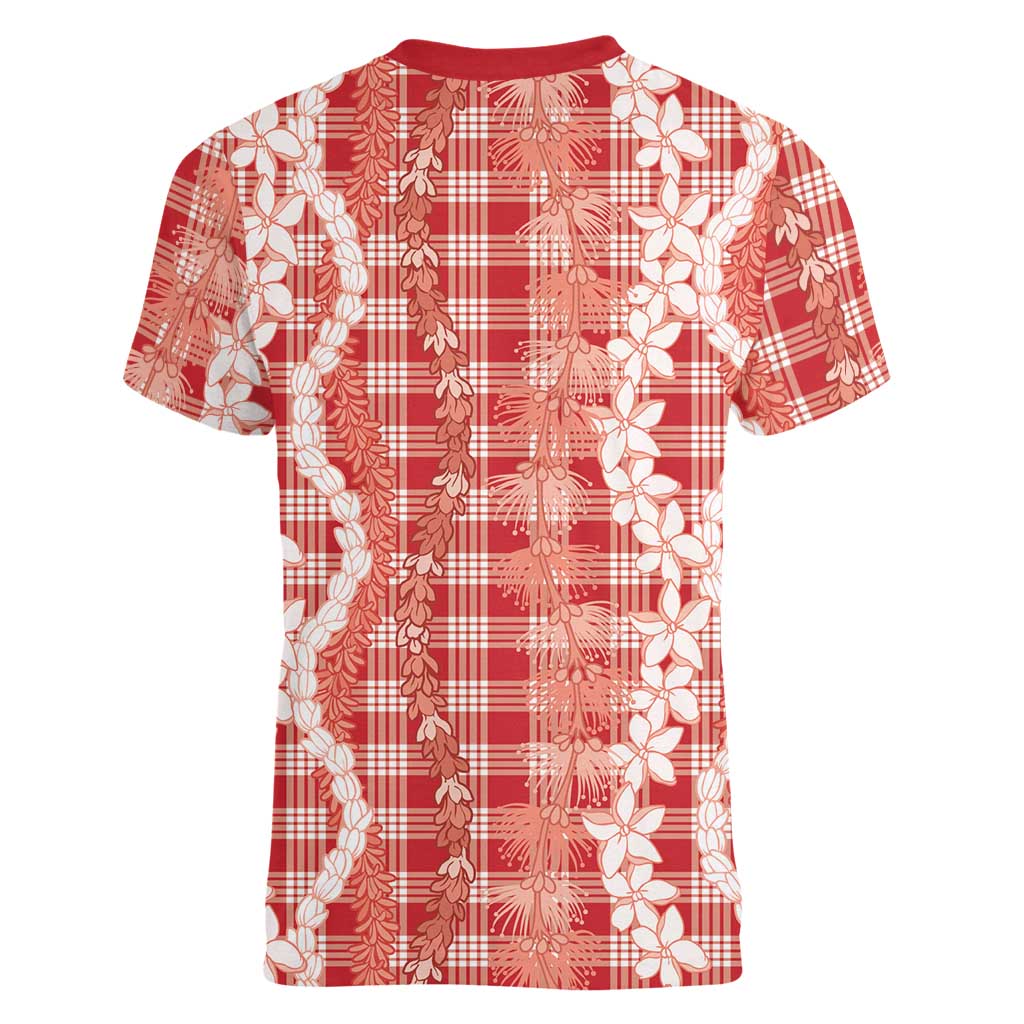 Hawaiian Ohia Lehua Lei Women V-Neck T-Shirt Plaid Palaka Ulaula Pattern - Polynesian Pride