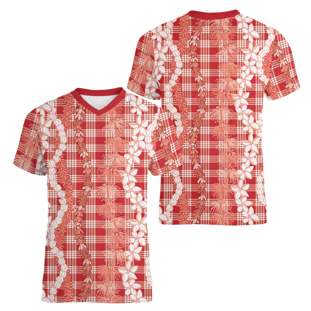 Hawaiian Ohia Lehua Lei Women V-Neck T-Shirt Plaid Palaka Ulaula Pattern - Polynesian Pride