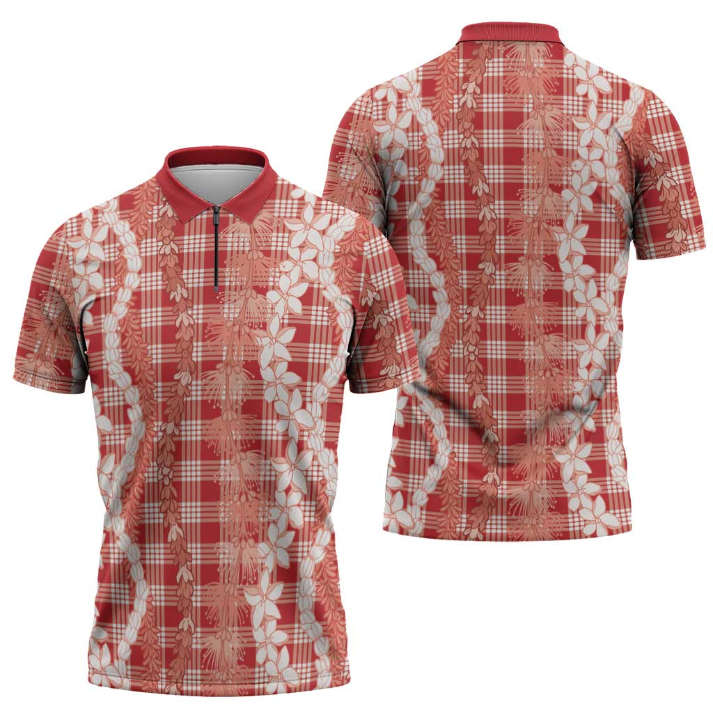 Hawaiian Ohia Lehua Lei Zipper Polo Shirt Plaid Palaka Ulaula Pattern - Polynesian Pride