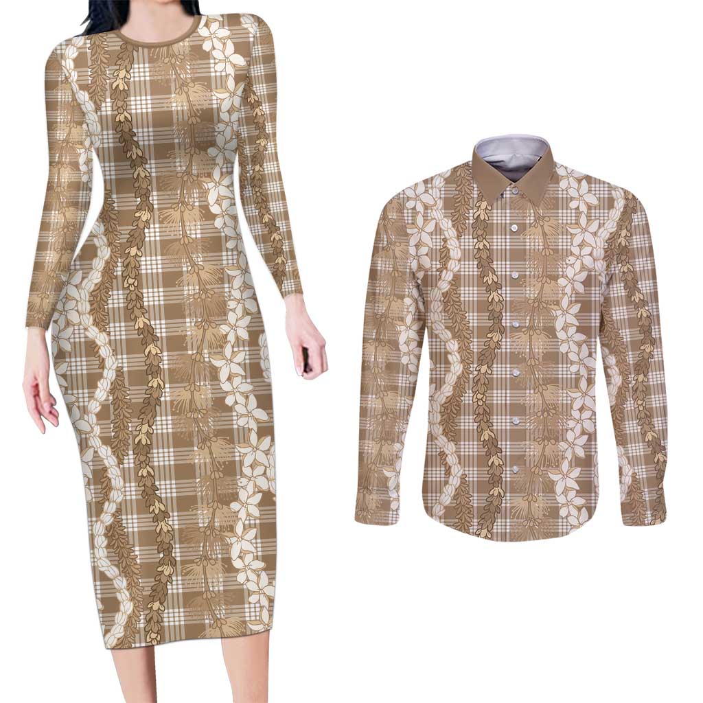 Hawaiian Ohia Lehua Lei Couples Matching Long Sleeve Bodycon Dress and Long Sleeve Button Shirt Plaid Palaka Kalaihaahaa Pattern LT9 Tan - Polynesian Pride