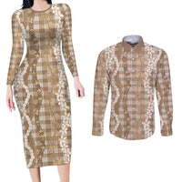 Hawaiian Ohia Lehua Lei Couples Matching Long Sleeve Bodycon Dress and Long Sleeve Button Shirt Plaid Palaka Kalaihaahaa Pattern LT9 Tan - Polynesian Pride