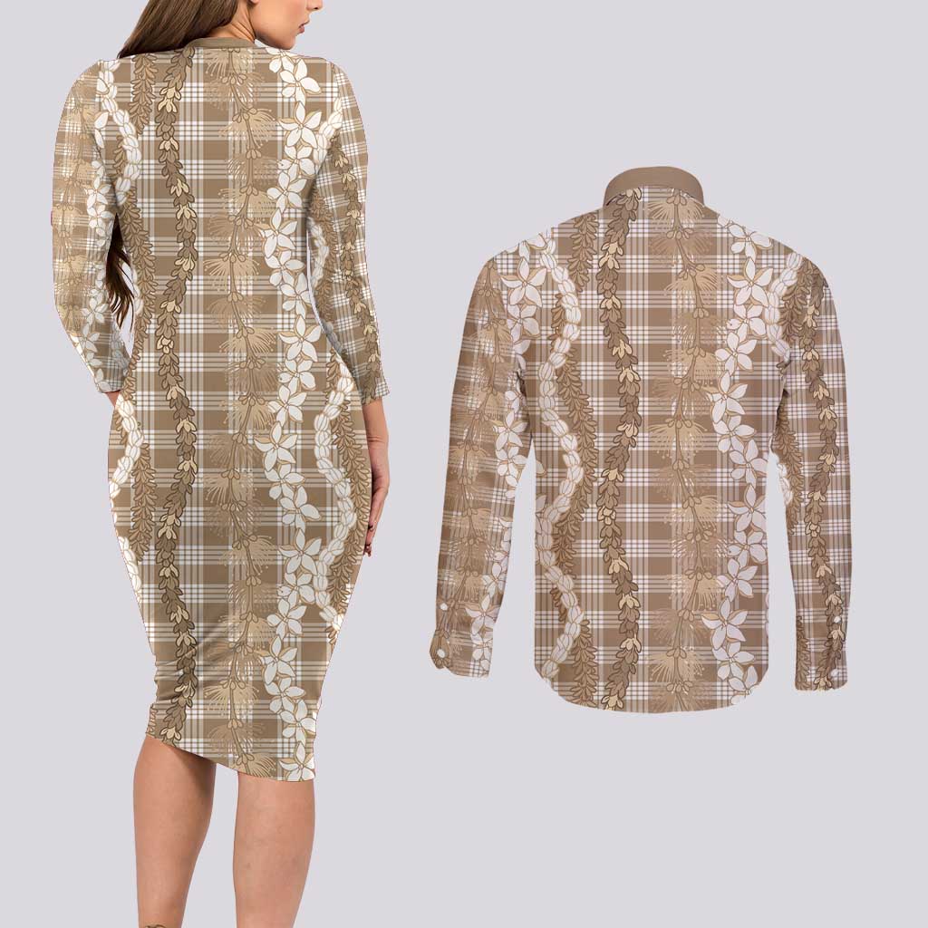 Hawaiian Ohia Lehua Lei Couples Matching Long Sleeve Bodycon Dress and Long Sleeve Button Shirt Plaid Palaka Kalaihaahaa Pattern LT9 - Polynesian Pride