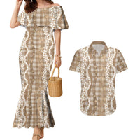 Hawaiian Ohia Lehua Lei Couples Matching Mermaid Dress and Hawaiian Shirt Plaid Palaka Kalaihaahaa Pattern LT9 Tan - Polynesian Pride