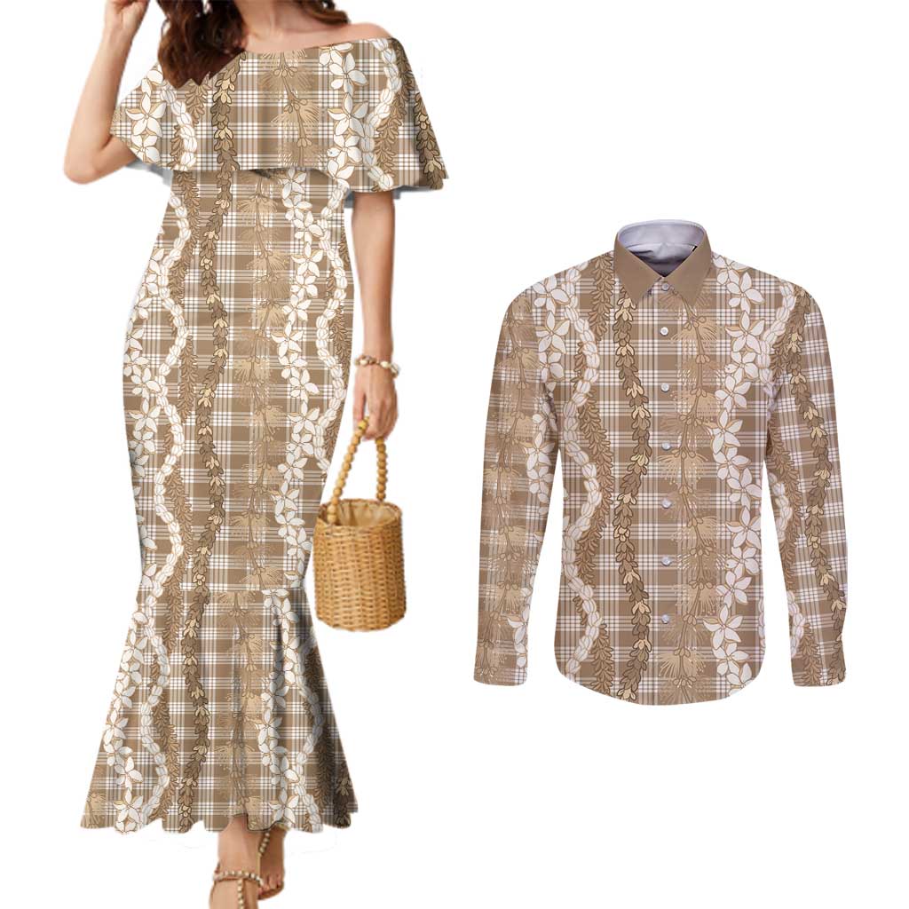 Hawaiian Ohia Lehua Lei Couples Matching Mermaid Dress and Long Sleeve Button Shirt Plaid Palaka Kalaihaahaa Pattern LT9 Tan - Polynesian Pride