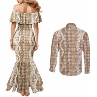 Hawaiian Ohia Lehua Lei Couples Matching Mermaid Dress and Long Sleeve Button Shirt Plaid Palaka Kalaihaahaa Pattern LT9 - Polynesian Pride