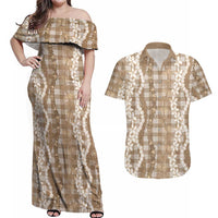 Hawaiian Ohia Lehua Lei Couples Matching Off Shoulder Maxi Dress and Hawaiian Shirt Plaid Palaka Kalaihaahaa Pattern LT9 Tan - Polynesian Pride