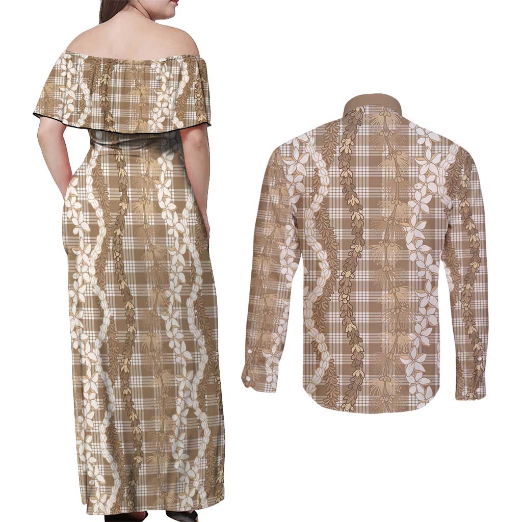 Hawaiian Ohia Lehua Lei Couples Matching Off Shoulder Maxi Dress and Long Sleeve Button Shirt Plaid Palaka Kalaihaahaa Pattern LT9 - Polynesian Pride