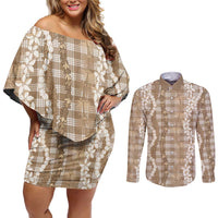 Hawaiian Ohia Lehua Lei Couples Matching Off Shoulder Short Dress and Long Sleeve Button Shirt Plaid Palaka Kalaihaahaa Pattern LT9 Tan - Polynesian Pride