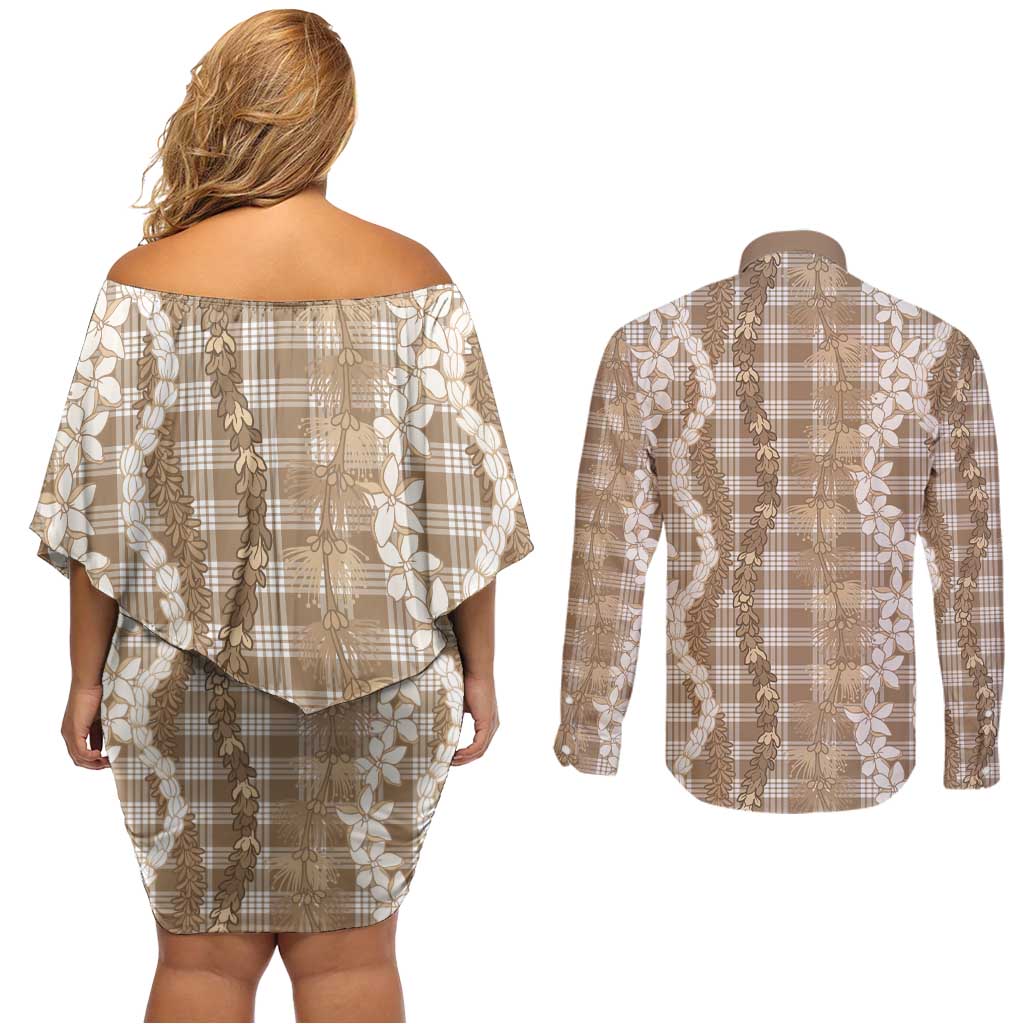 Hawaiian Ohia Lehua Lei Couples Matching Off Shoulder Short Dress and Long Sleeve Button Shirt Plaid Palaka Kalaihaahaa Pattern LT9 - Polynesian Pride