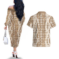 Hawaiian Ohia Lehua Lei Couples Matching Off The Shoulder Long Sleeve Dress and Hawaiian Shirt Plaid Palaka Kalaihaahaa Pattern LT9 - Polynesian Pride