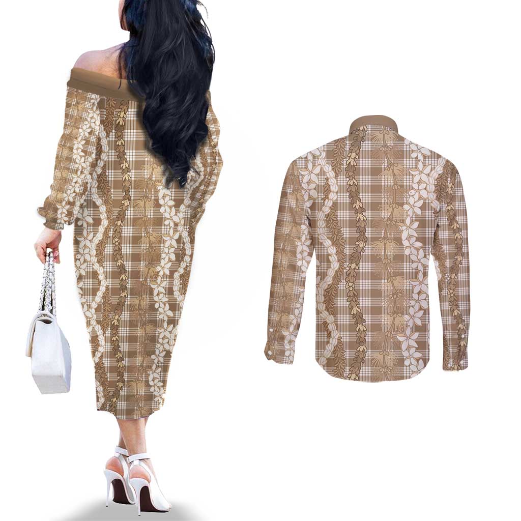 Hawaiian Ohia Lehua Lei Couples Matching Off The Shoulder Long Sleeve Dress and Long Sleeve Button Shirt Plaid Palaka Kalaihaahaa Pattern LT9 - Polynesian Pride