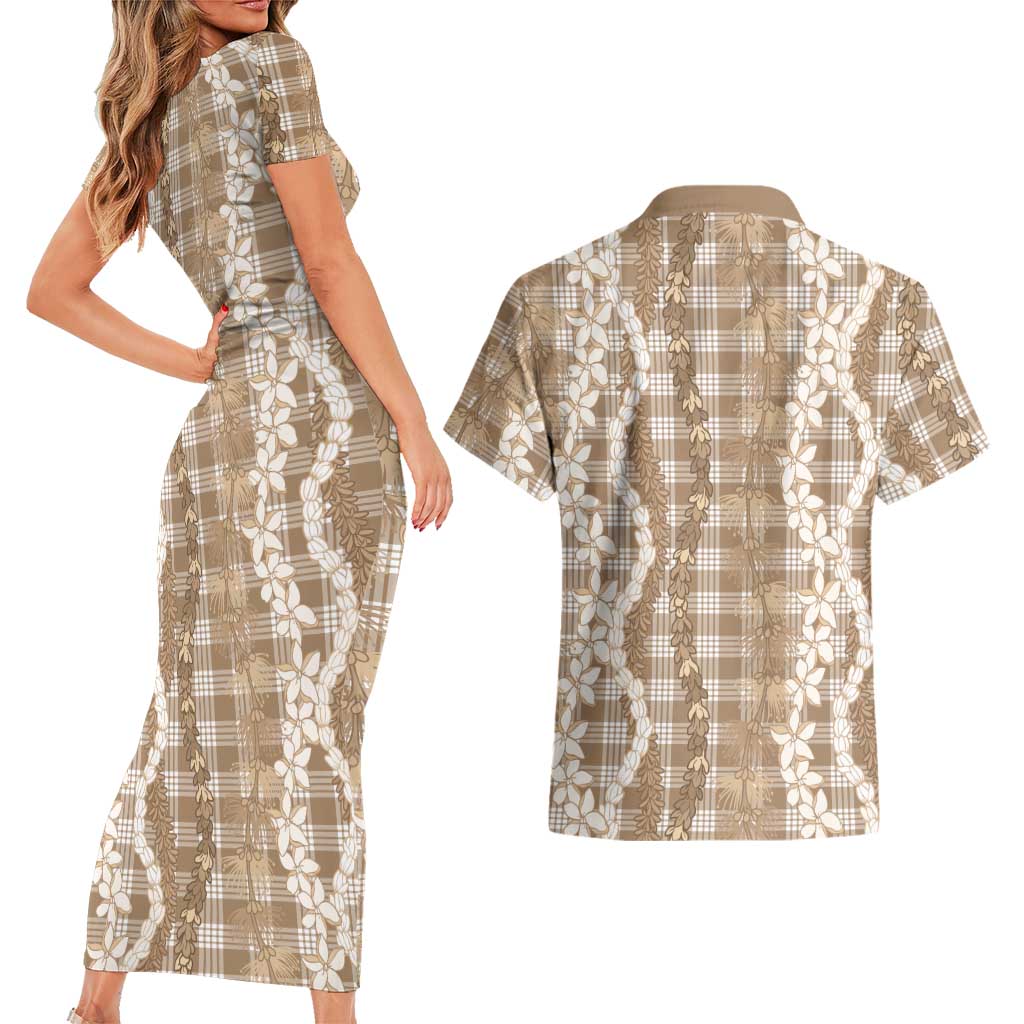 Hawaiian Ohia Lehua Lei Couples Matching Short Sleeve Bodycon Dress and Hawaiian Shirt Plaid Palaka Kalaihaahaa Pattern LT9 - Polynesian Pride