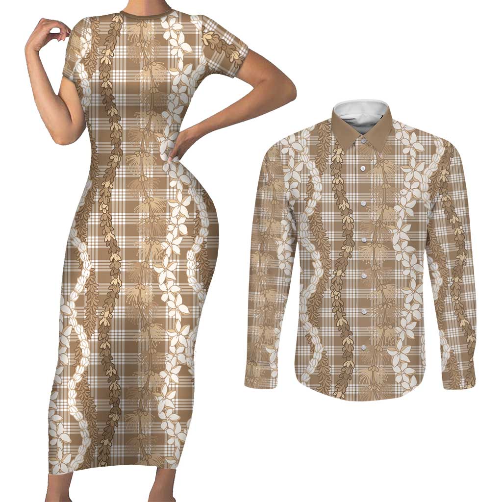 Hawaiian Ohia Lehua Lei Couples Matching Short Sleeve Bodycon Dress and Long Sleeve Button Shirt Plaid Palaka Kalaihaahaa Pattern - Polynesian Pride