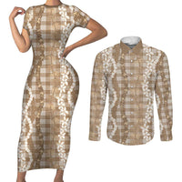 Hawaiian Ohia Lehua Lei Couples Matching Short Sleeve Bodycon Dress and Long Sleeve Button Shirt Plaid Palaka Kalaihaahaa Pattern LT9 Tan - Polynesian Pride
