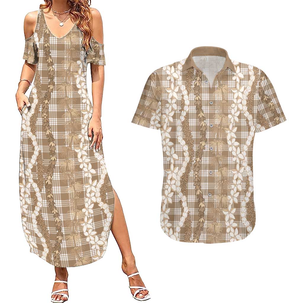 Hawaiian Ohia Lehua Lei Couples Matching Summer Maxi Dress and Hawaiian Shirt Plaid Palaka Kalaihaahaa Pattern LT9 Tan - Polynesian Pride
