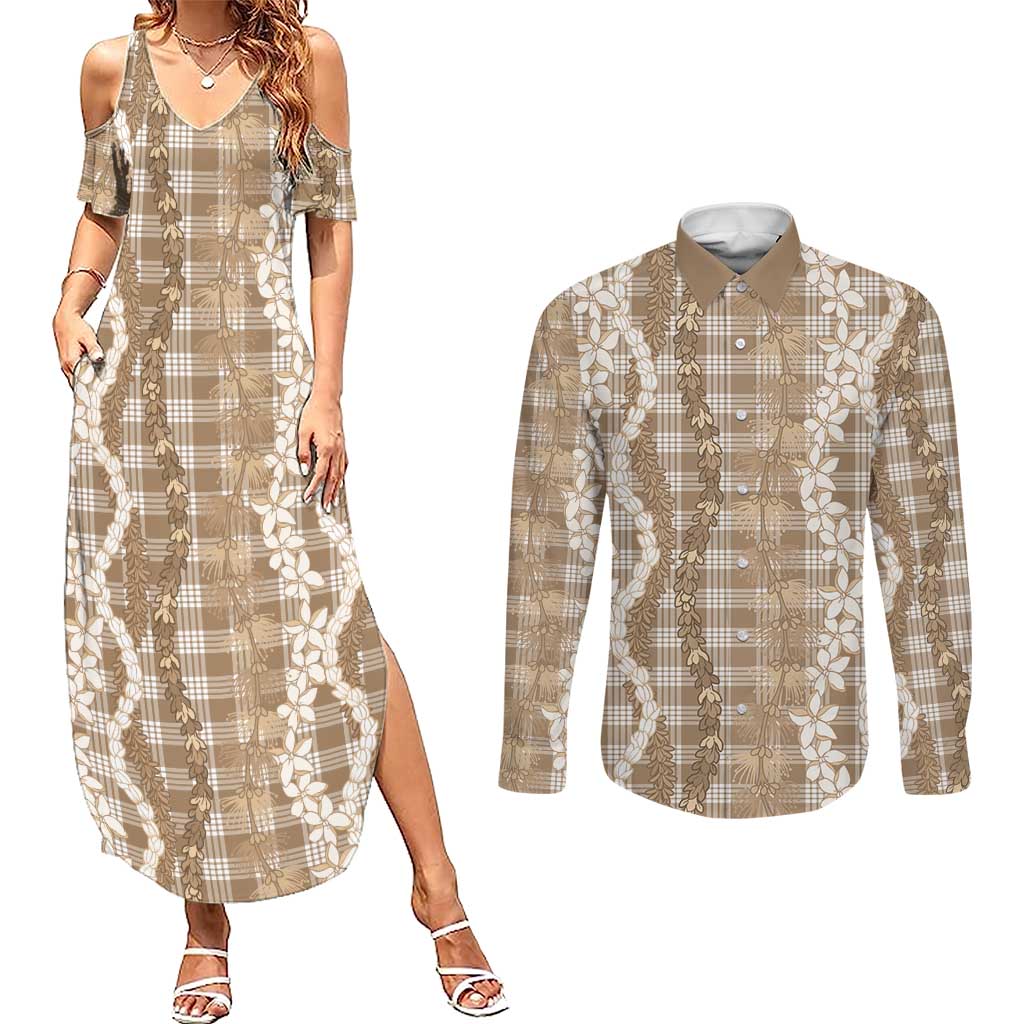 Hawaiian Ohia Lehua Lei Couples Matching Summer Maxi Dress and Long Sleeve Button Shirt Plaid Palaka Kalaihaahaa Pattern LT9 Tan - Polynesian Pride