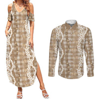 Hawaiian Ohia Lehua Lei Couples Matching Summer Maxi Dress and Long Sleeve Button Shirt Plaid Palaka Kalaihaahaa Pattern LT9 Tan - Polynesian Pride