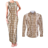 Hawaiian Ohia Lehua Lei Couples Matching Tank Maxi Dress and Long Sleeve Button Shirt Plaid Palaka Kalaihaahaa Pattern LT9 Tan - Polynesian Pride