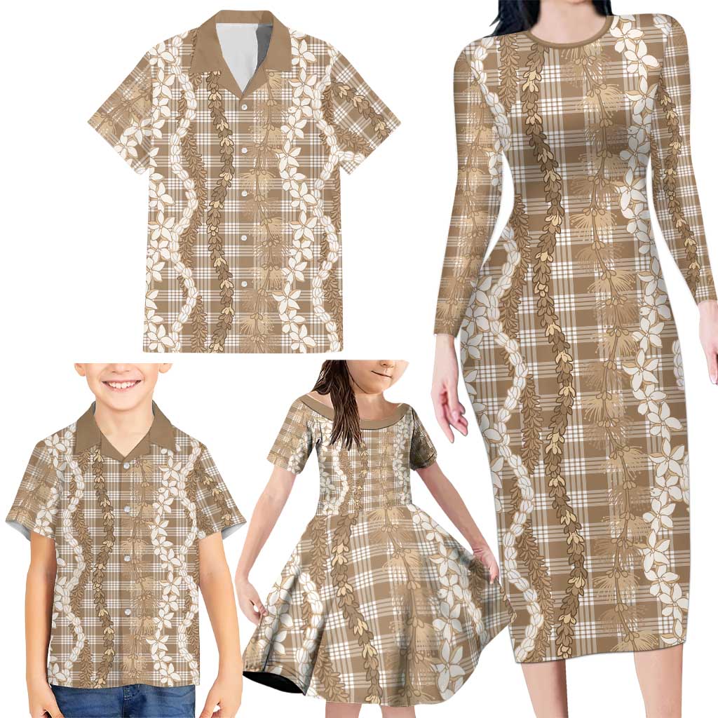 Hawaiian Ohia Lehua Lei Family Matching Long Sleeve Bodycon Dress and Hawaiian Shirt Plaid Palaka Kalaihaahaa Pattern - Polynesian Pride