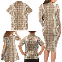 Hawaiian Ohia Lehua Lei Family Matching Long Sleeve Bodycon Dress and Hawaiian Shirt Plaid Palaka Kalaihaahaa Pattern LT9 - Polynesian Pride