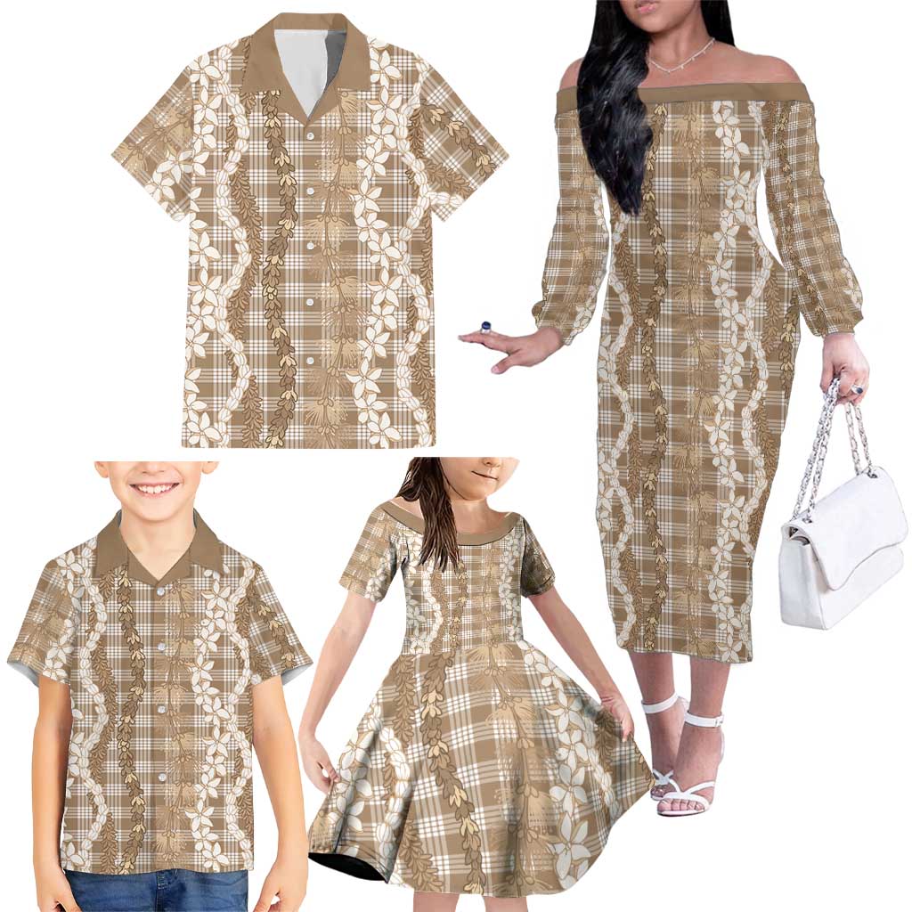 Hawaiian Ohia Lehua Lei Family Matching Off The Shoulder Long Sleeve Dress and Hawaiian Shirt Plaid Palaka Kalaihaahaa Pattern - Polynesian Pride