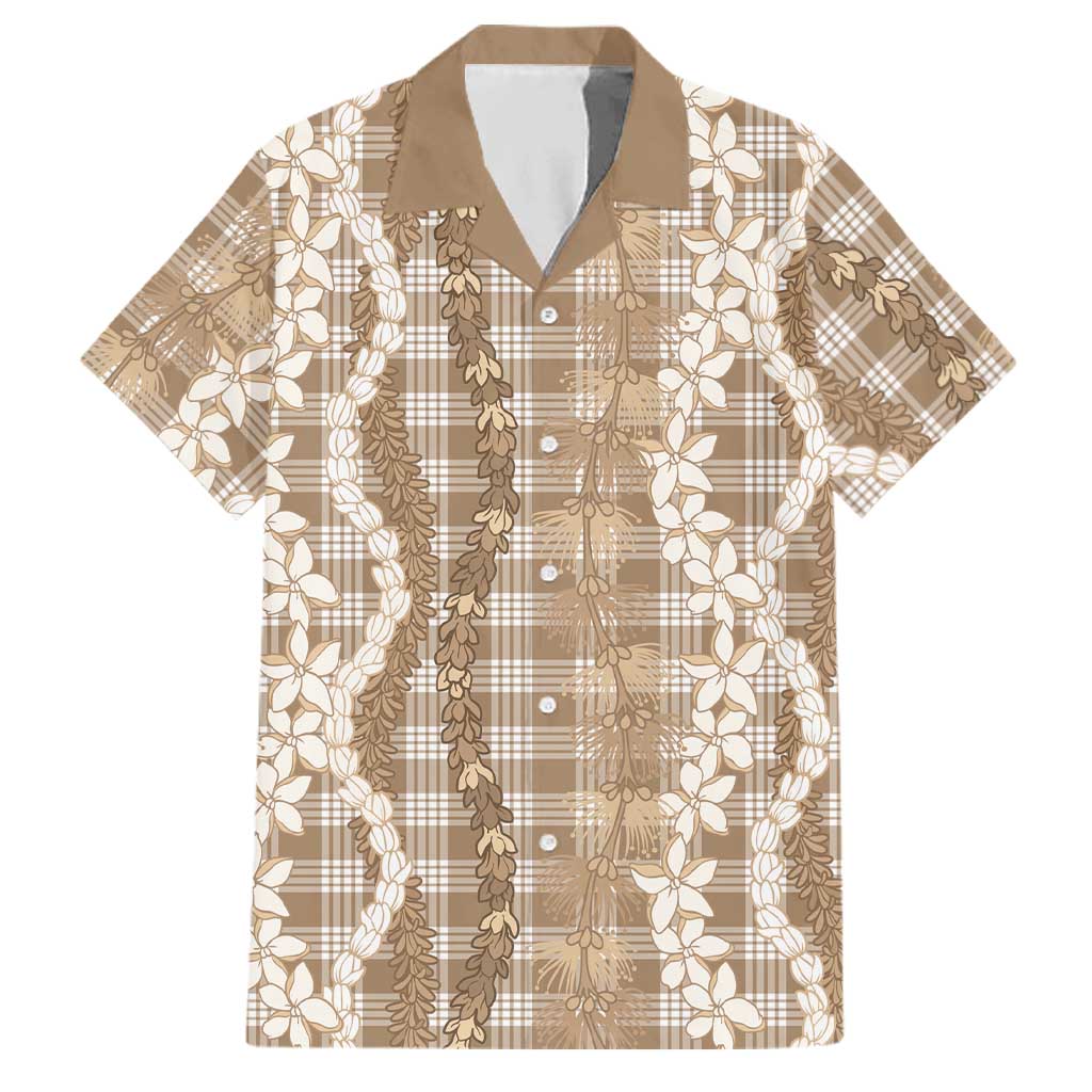 Hawaiian Ohia Lehua Lei Family Matching Off The Shoulder Long Sleeve Dress and Hawaiian Shirt Plaid Palaka Kalaihaahaa Pattern LT9 Dad's Shirt - Short Sleeve Tan - Polynesian Pride