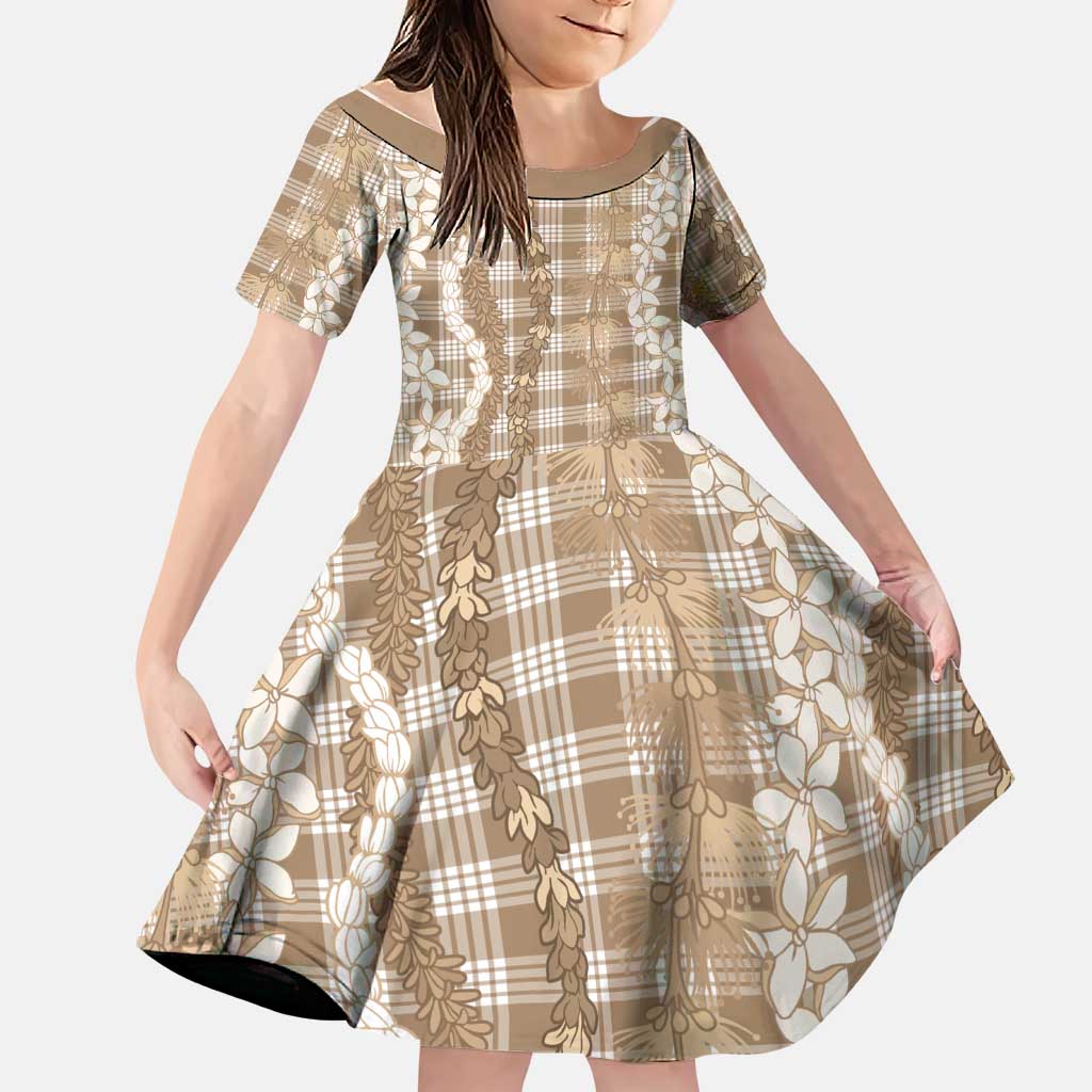 Hawaiian Ohia Lehua Lei Family Matching Off Shoulder Short Dress and Hawaiian Shirt Plaid Palaka Kalaihaahaa Pattern LT9 Daughter's Dress Tan - Polynesian Pride